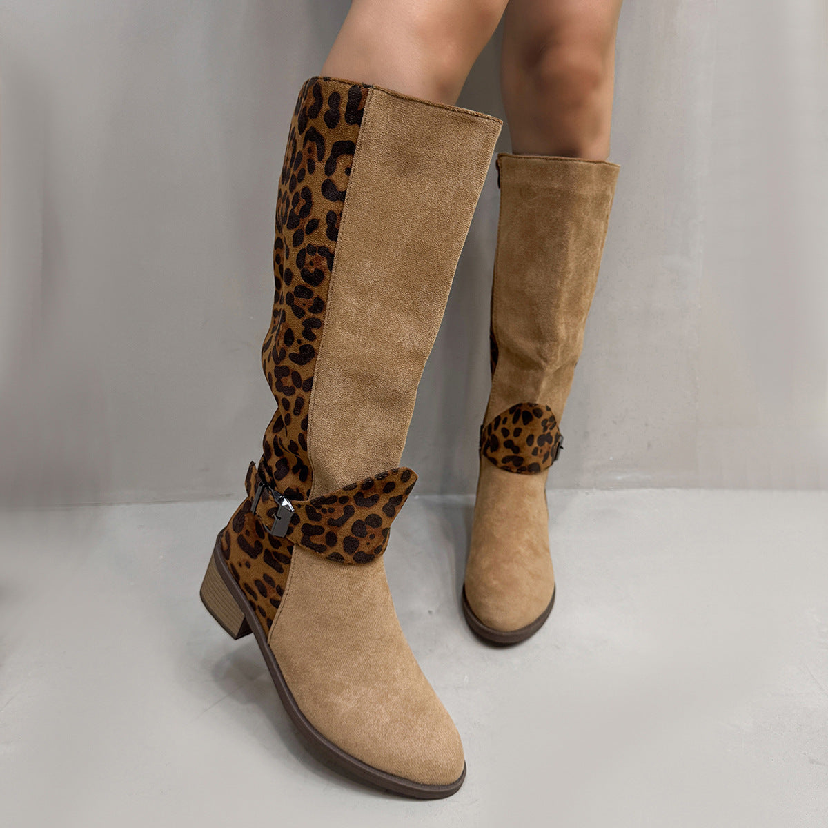 Leopard Print Buckled Design Chunky Heel Roomy Knee Boot