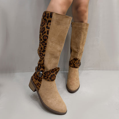 Leopard Print Buckled Design Chunky Heel Roomy Knee Boot
