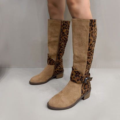 Leopard Print Buckled Design Chunky Heel Roomy Knee Boot