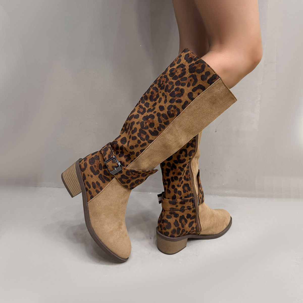 Leopard Print Buckled Design Chunky Heel Roomy Knee Boot