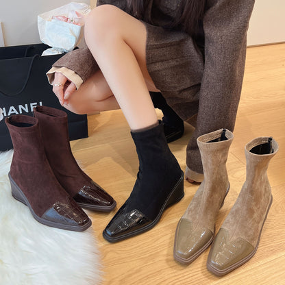 Crocodile Print Patchwork Ankle Boots