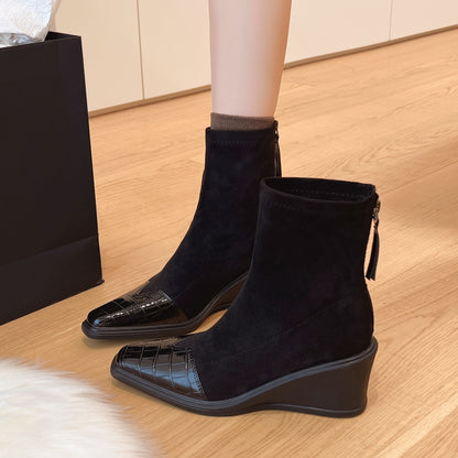 Crocodile Print Patchwork Ankle Boots