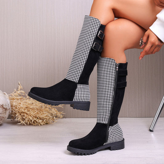 Chic Buckled Design Chunky Heel Houndstooth Knee Boot