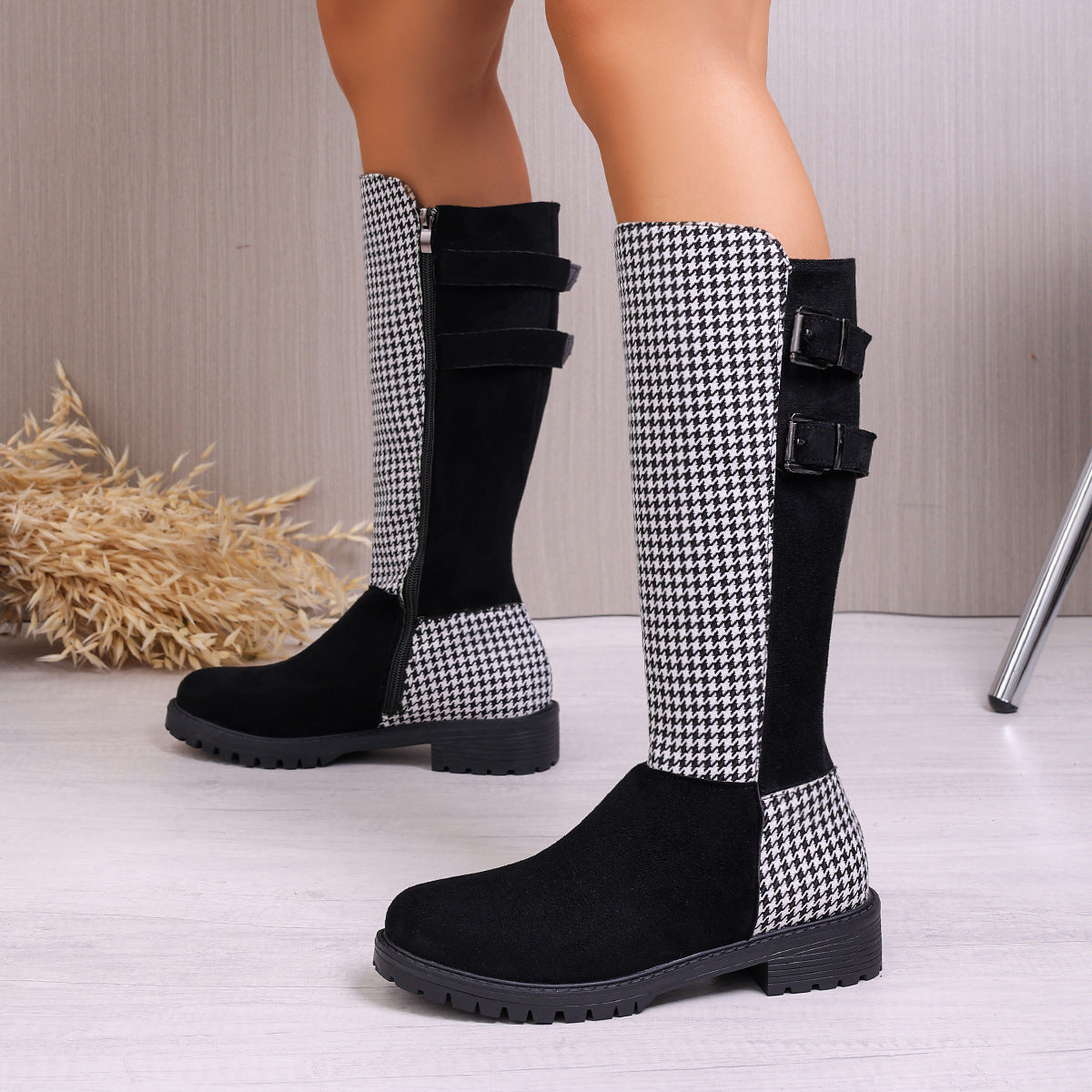Chic Buckled Design Chunky Heel Houndstooth Knee Boot