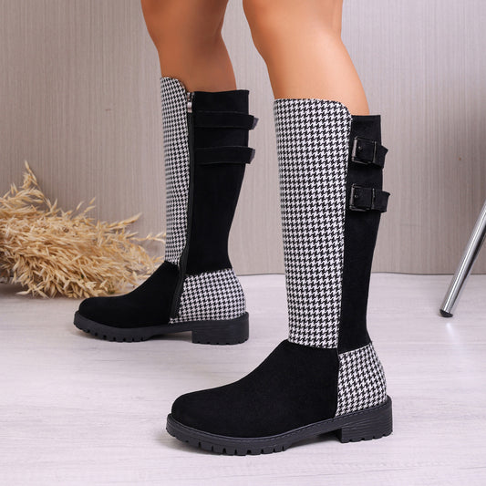 Chic Buckled Design Chunky Heel Houndstooth Knee Boot