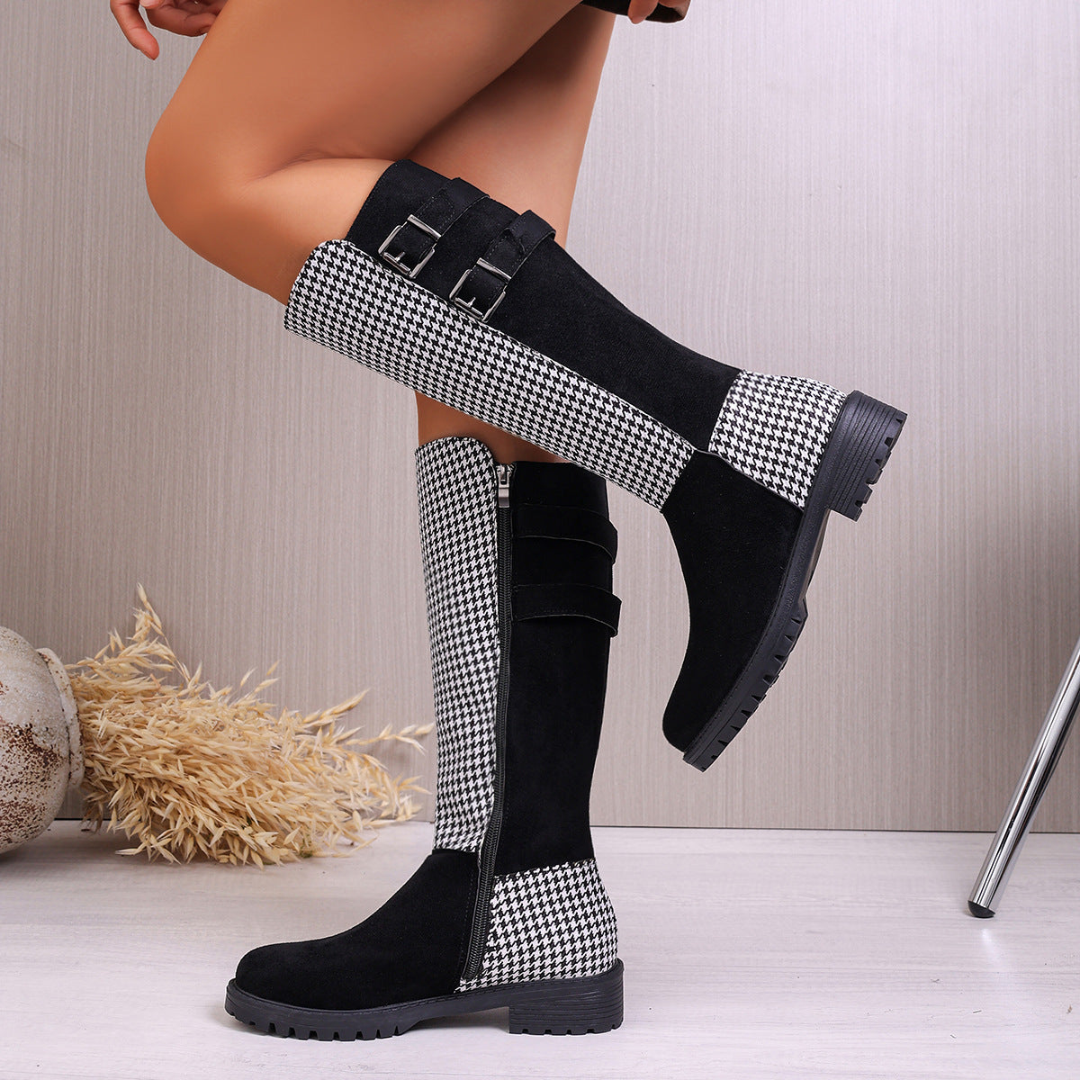 Chic Buckled Design Chunky Heel Houndstooth Knee Boot