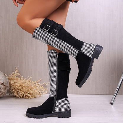Chic Buckled Design Chunky Heel Houndstooth Knee Boot