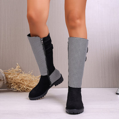 Chic Buckled Design Chunky Heel Houndstooth Knee Boot