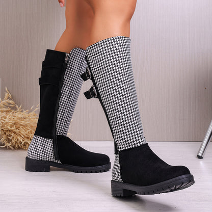 Chic Buckled Design Chunky Heel Houndstooth Knee Boot