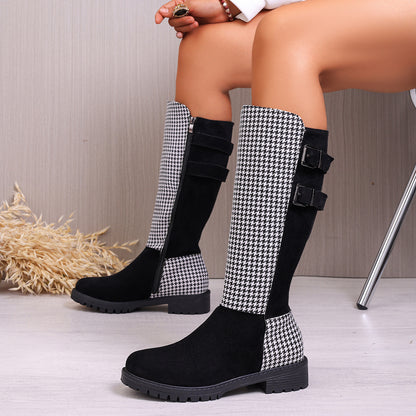 Chic Buckled Design Chunky Heel Houndstooth Knee Boot