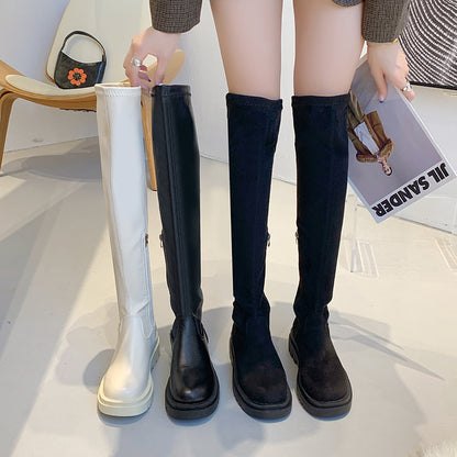 PU Leather Thick-soled Over-the-knee Half Zip Boot