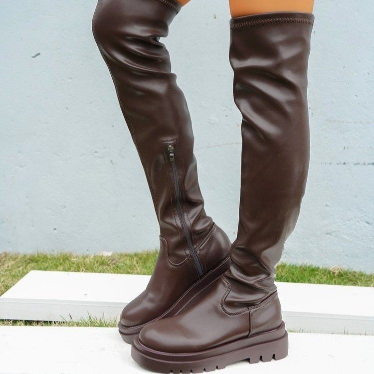 PU Leather Thick-soled Over-the-knee Half Zip Boot
