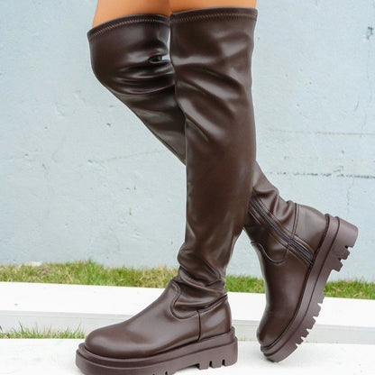 PU Leather Thick-soled Over-the-knee Half Zip Boot