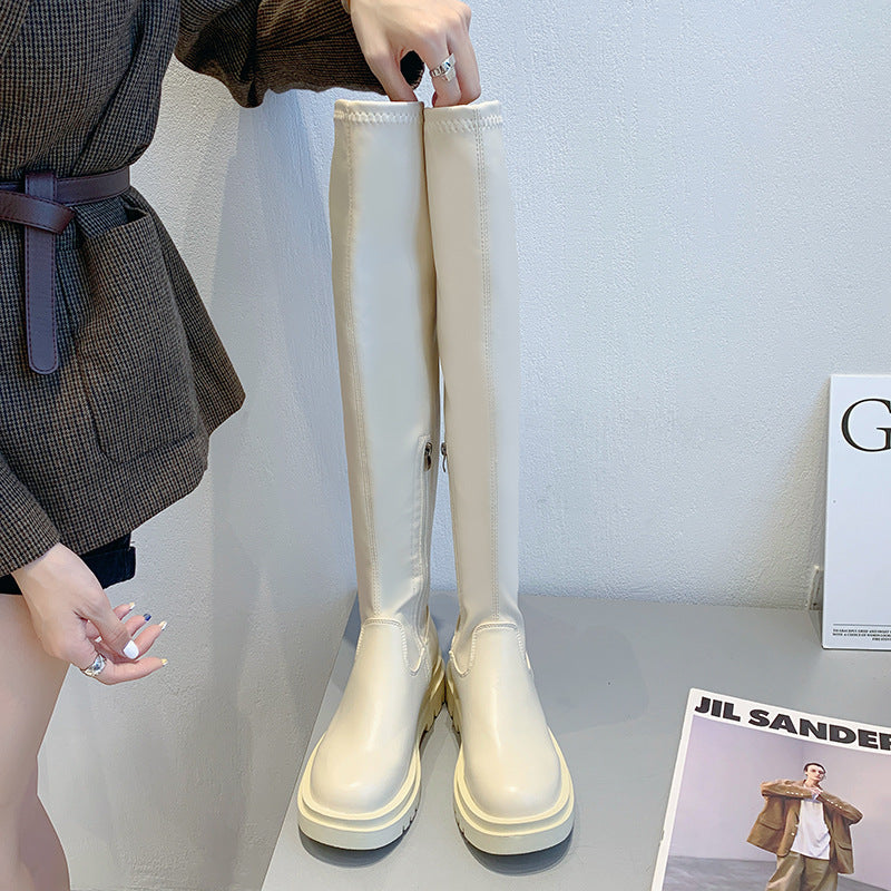 PU Leather Thick-soled Over-the-knee Half Zip Boot