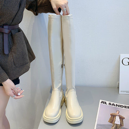 PU Leather Thick-soled Over-the-knee Half Zip Boot