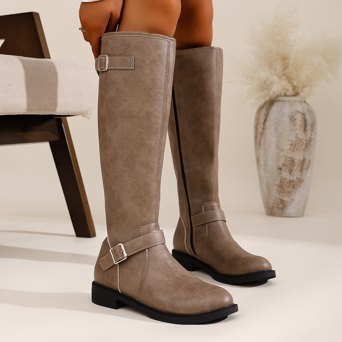 Buckle Details Vintage Knee-high Boot