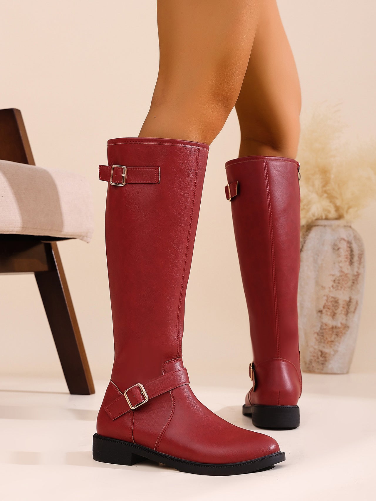 Buckle Details Vintage Knee-high Boot