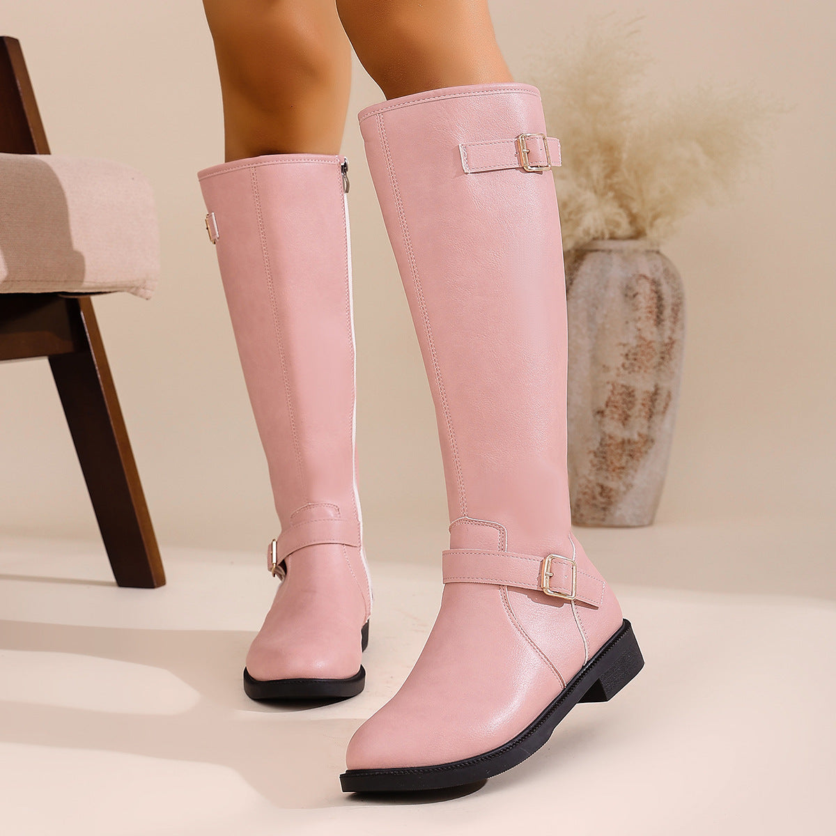 Buckle Details Vintage Knee-high Boot