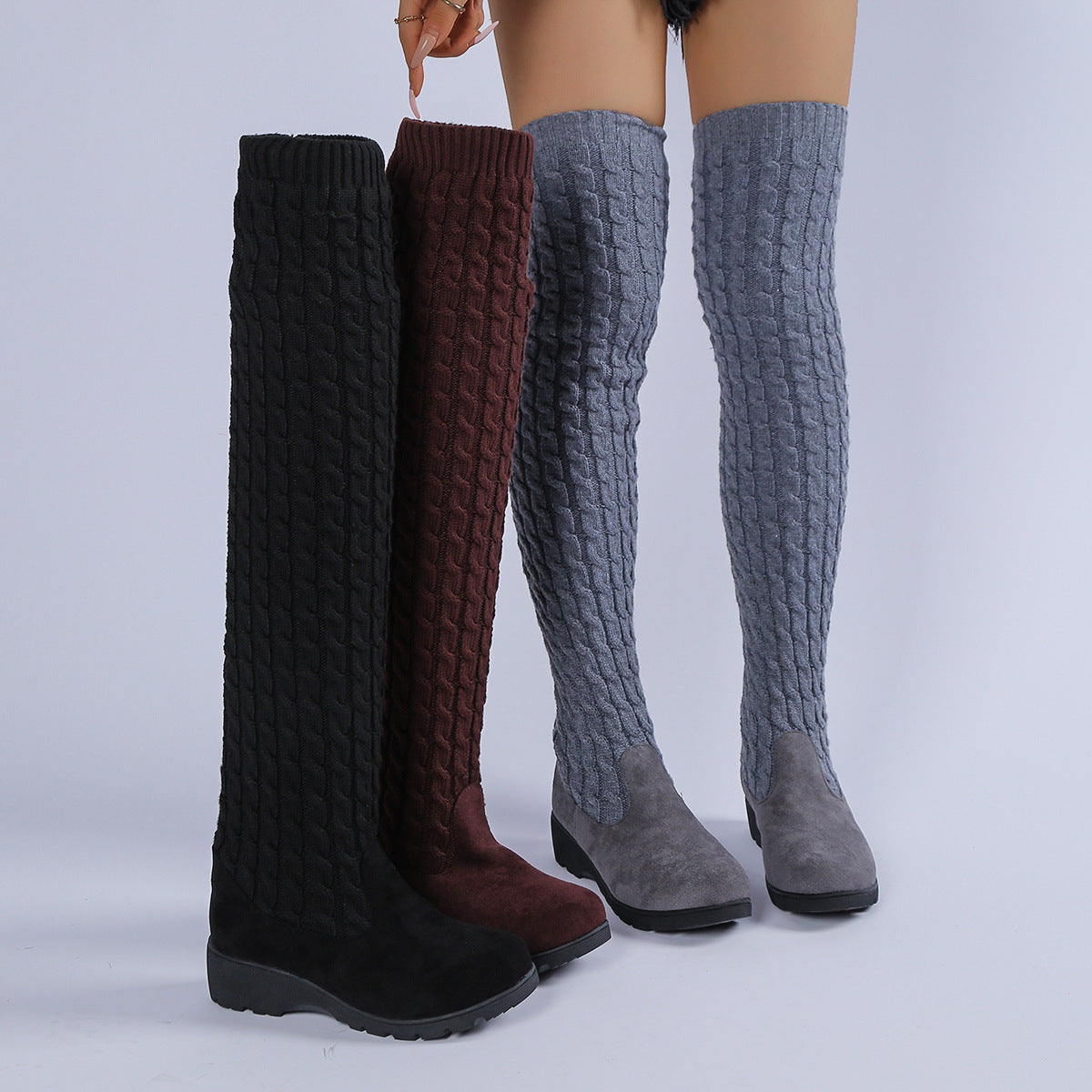 Thick-soled Knitted Over-the-knee Stretch Wedge Heel Boot