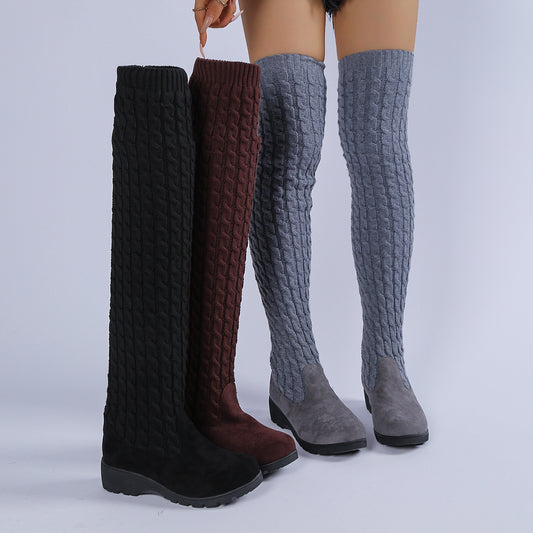 Thick-soled Knitted Over-the-knee Stretch Wedge Heel Boot