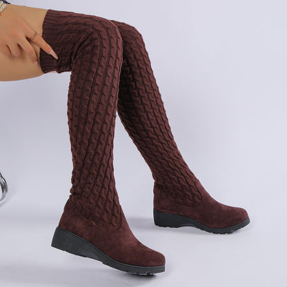 Thick-soled Knitted Over-the-knee Stretch Wedge Heel Boot