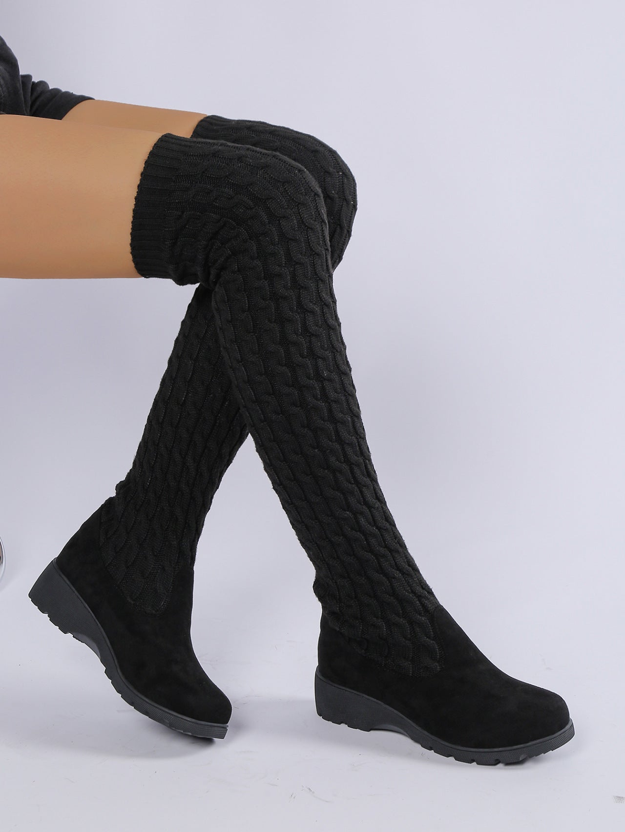Thick-soled Knitted Over-the-knee Stretch Wedge Heel Boot