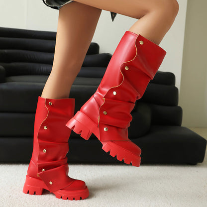 Platform Sole Metal Studded Two-way Wear Slouchy Knee-high Boot