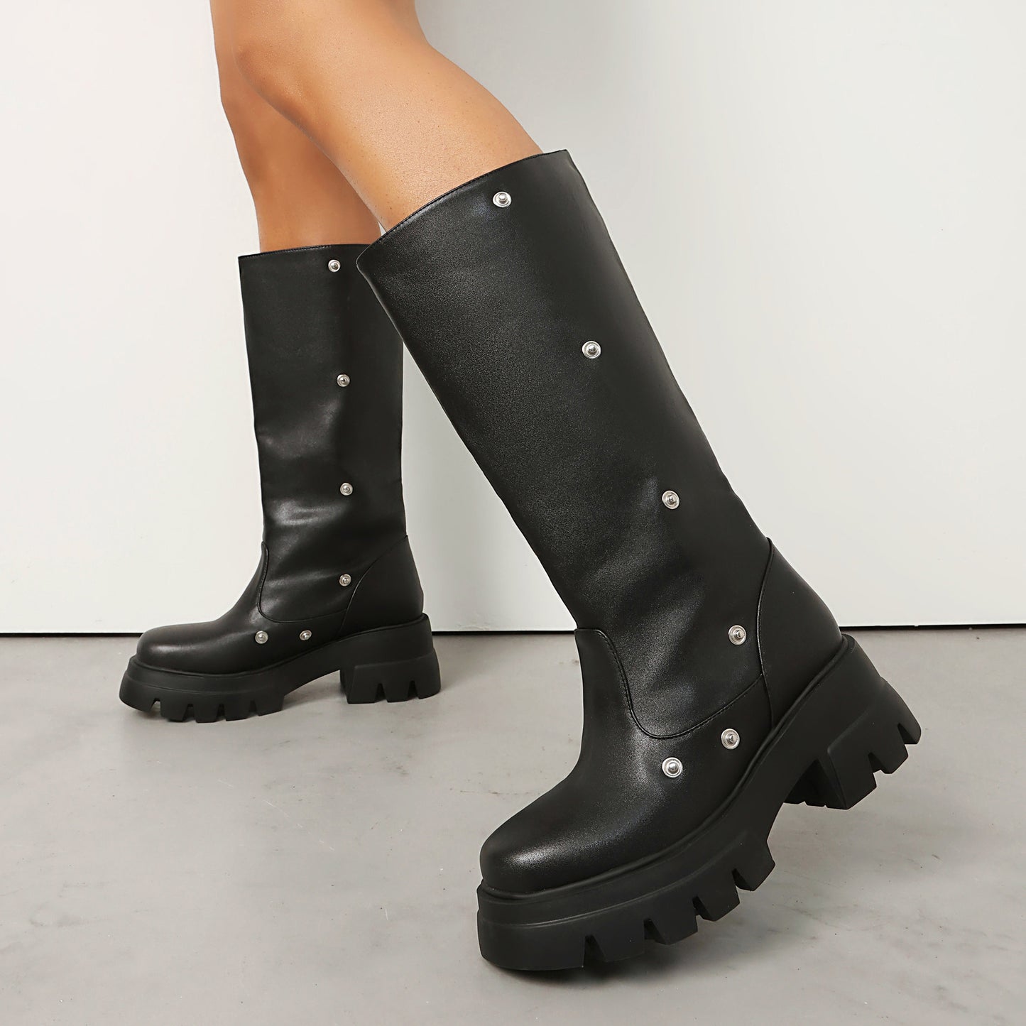 Platform Sole Metal Studded Two-way Wear Slouchy Knee-high Boot