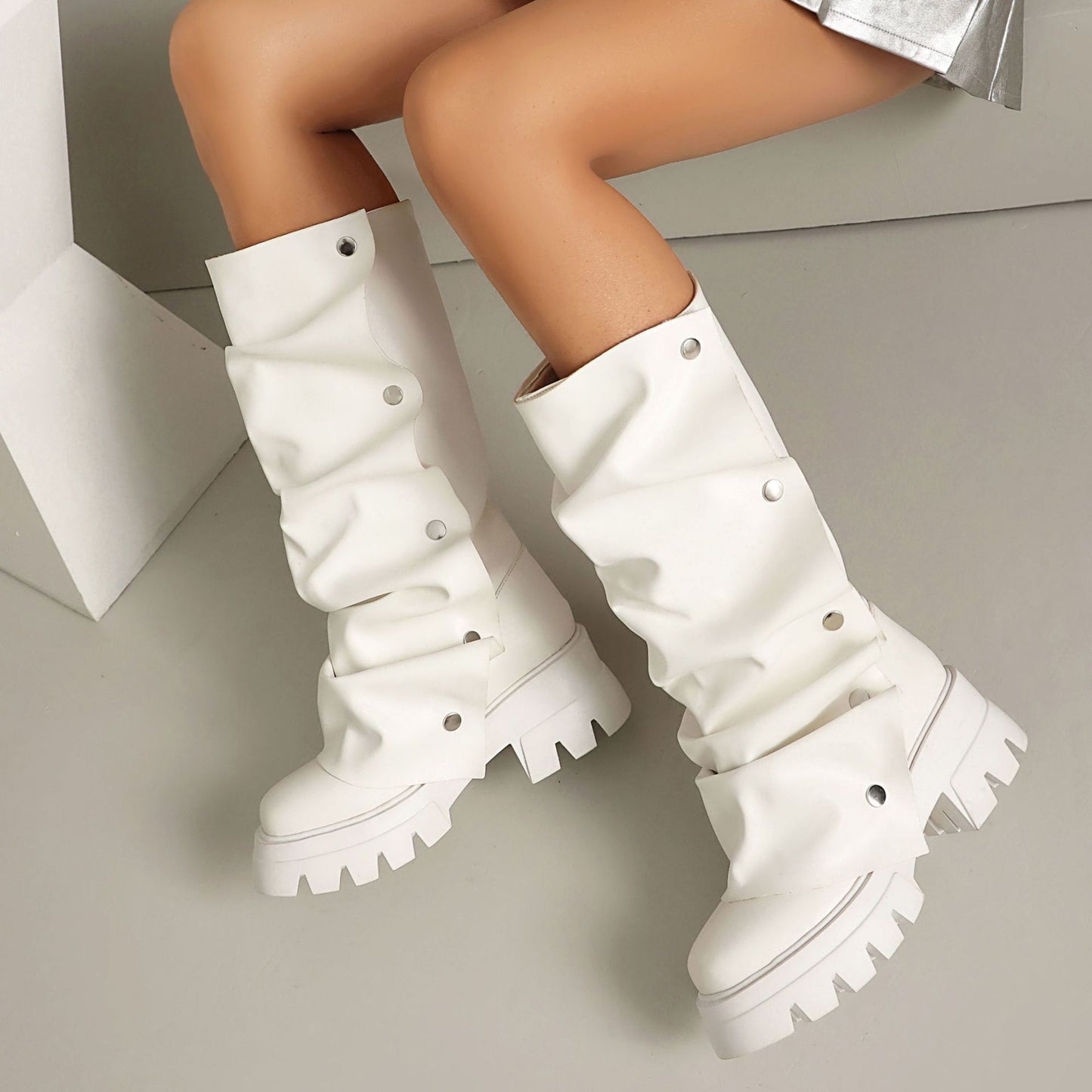 Platform Sole Metal Studded Two-way Wear Slouchy Knee-high Boot