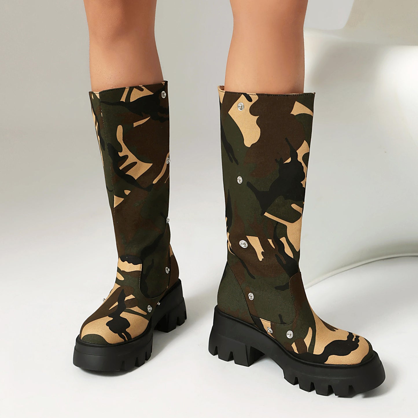 Platform Sole Metal Studded Two-way Wear Slouchy Knee-high Boot