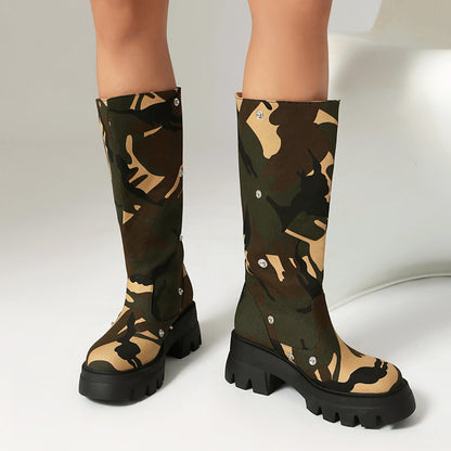 Platform Sole Metal Studded Two-way Wear Slouchy Knee-high Boot