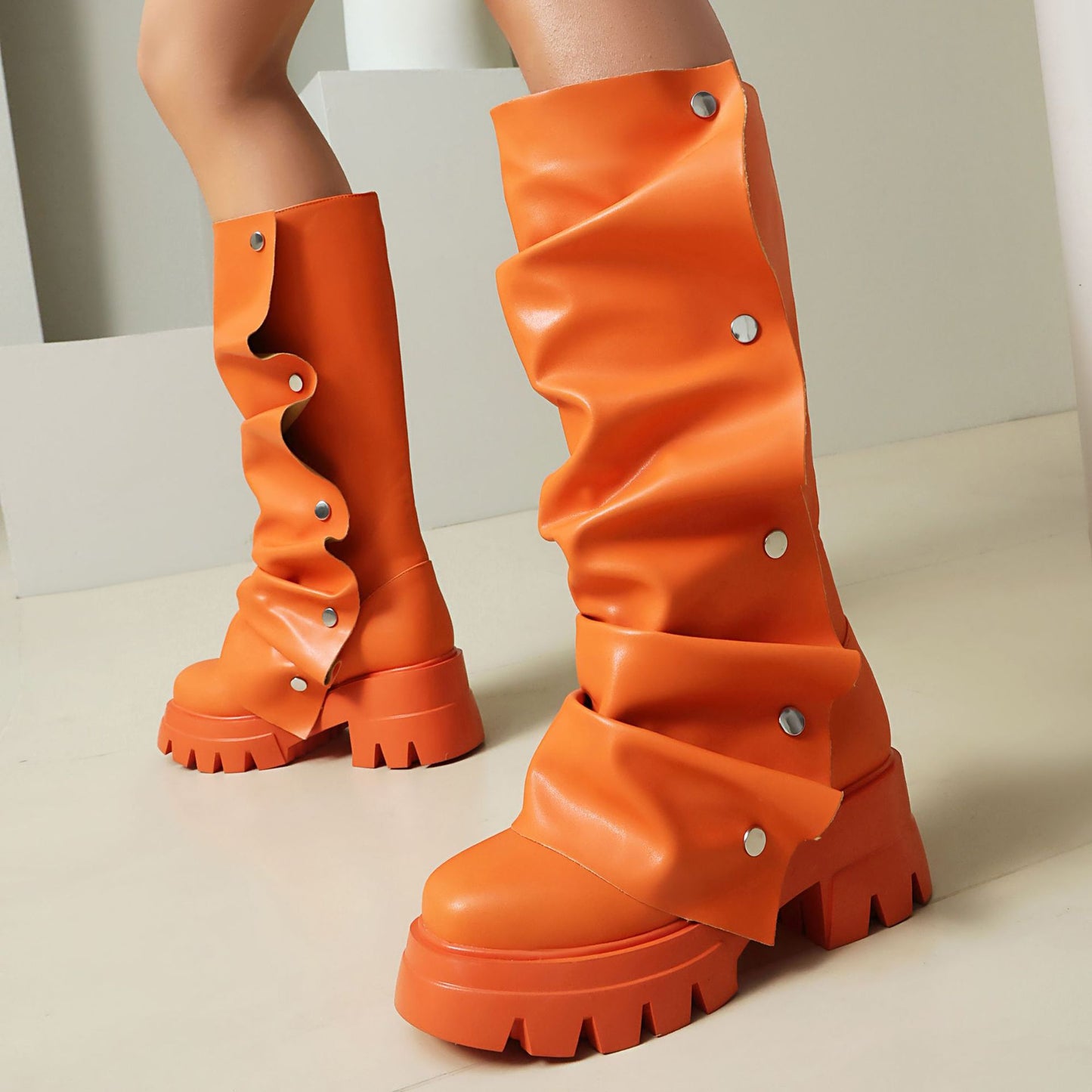Platform Sole Metal Studded Two-way Wear Slouchy Knee-high Boot