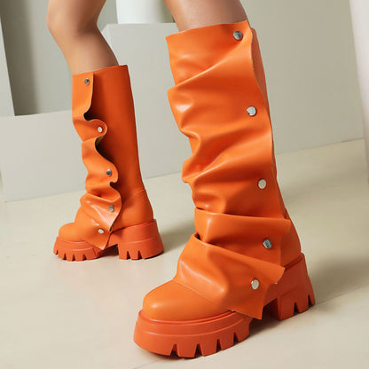 Platform Sole Metal Studded Two-way Wear Slouchy Knee-high Boot