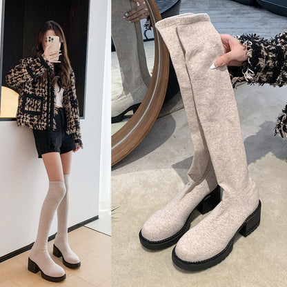 Fabric Mid-heel Stretch Over-the-knee Boot