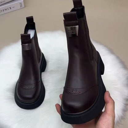 Fleece-lined Slip-on Stretch Leather Ankle Boot