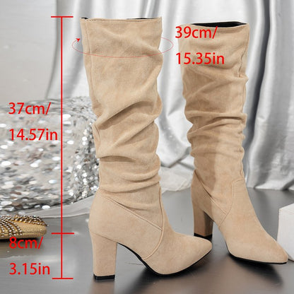 Ruched Detail High-heeled Knee-high Slouchy Boot