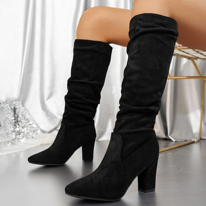 Ruched Detail High-heeled Knee-high Slouchy Boot