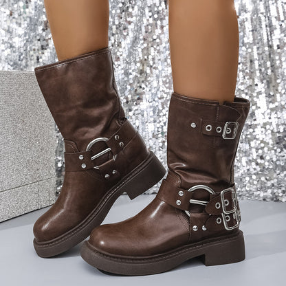 Buckle Straps Retro Square-toed Biker Boot