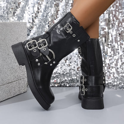 Buckle Straps Retro Square-toed Biker Boot