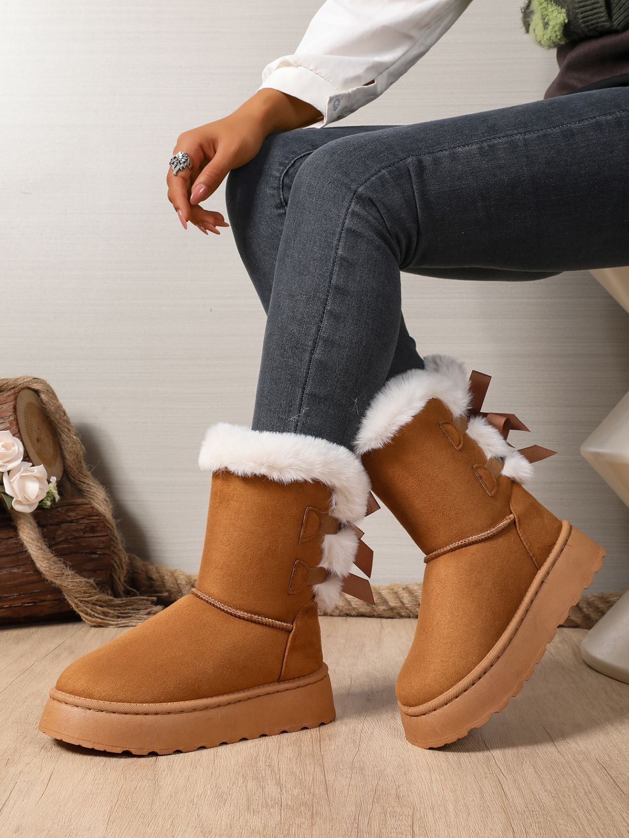 Comfy And Warm Thick-soled Fur Trim Ankle Boot