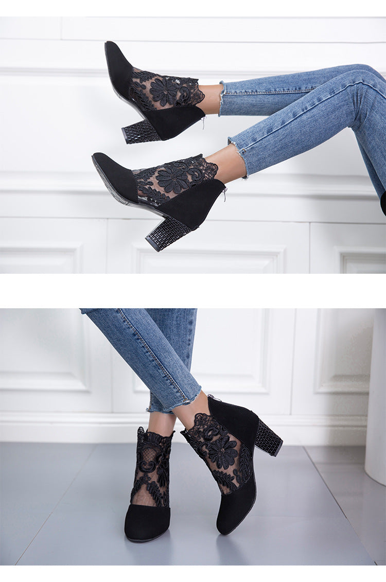 Chic Fashionable Lace Embroidered Mesh High Heel
