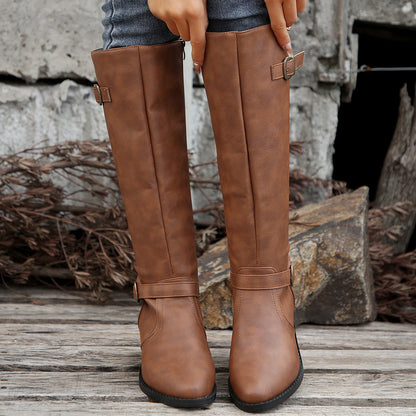 Buckle Chunky Low Heel Side Zipper Knee High Boot