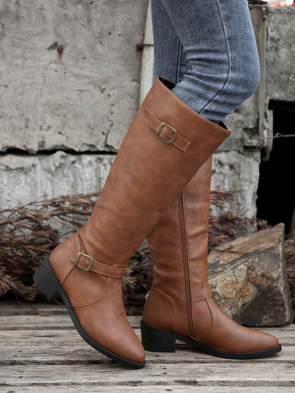 Buckle Chunky Low Heel Side Zipper Knee High Boot