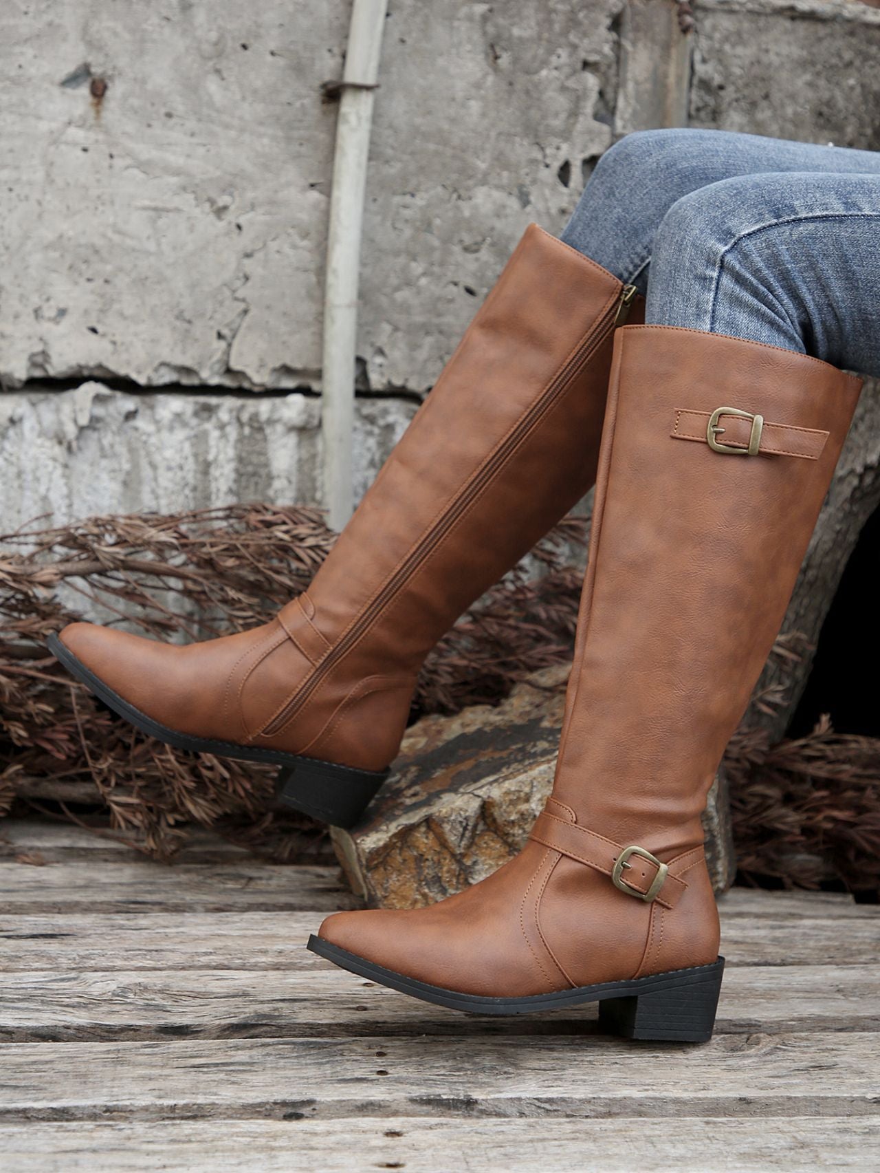 Buckle Chunky Low Heel Side Zipper Knee High Boot