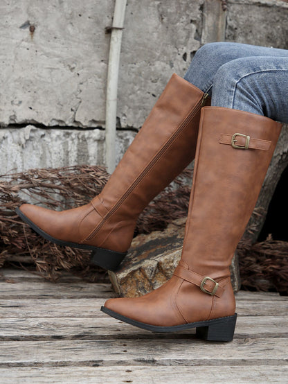 Buckle Chunky Low Heel Side Zipper Knee High Boot
