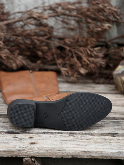 Buckle Chunky Low Heel Side Zipper Knee High Boot