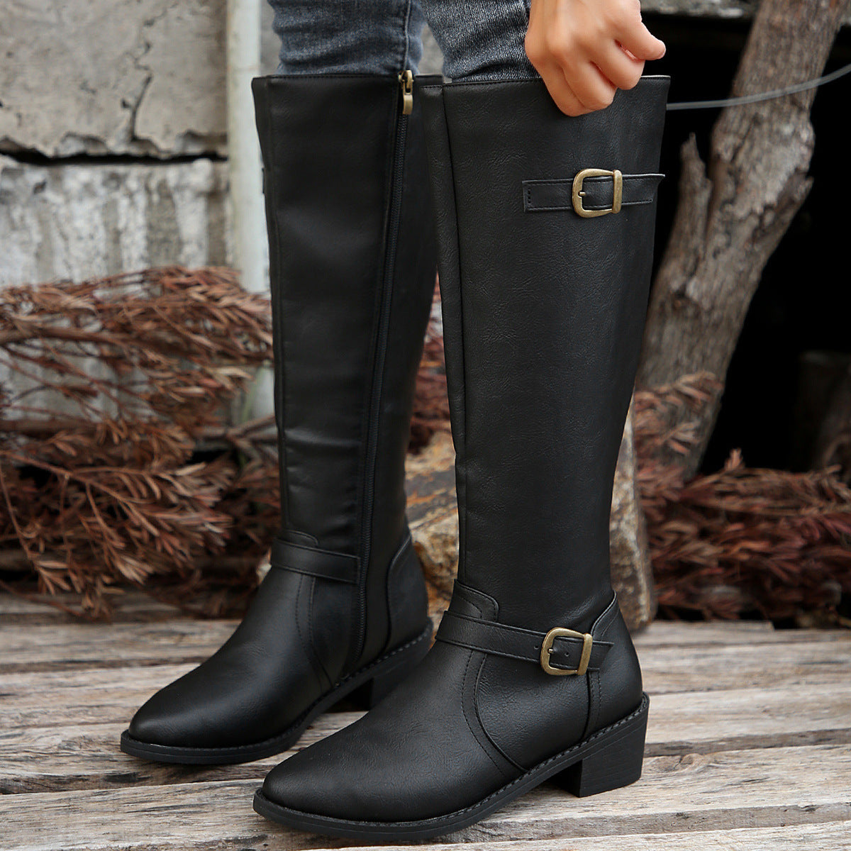 Buckle Chunky Low Heel Side Zipper Knee High Boot