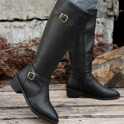 Buckle Chunky Low Heel Side Zipper Knee High Boot