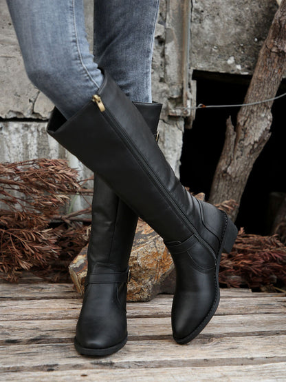 Buckle Chunky Low Heel Side Zipper Knee High Boot