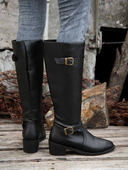 Buckle Chunky Low Heel Side Zipper Knee High Boot